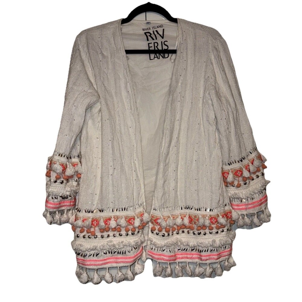River Island Women’s White Open-Front Kimono Jacket Tassel Embroidered M